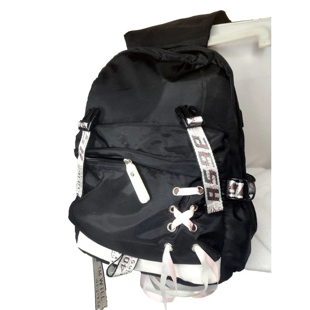 ASGE Black &White Nylon Backpack Drawstring Flap School Travel Laptop Bag 18